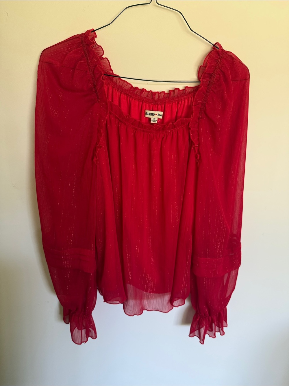 Red Sheer Ruffle Peasant Blouse - Charmed Hearts ❤️